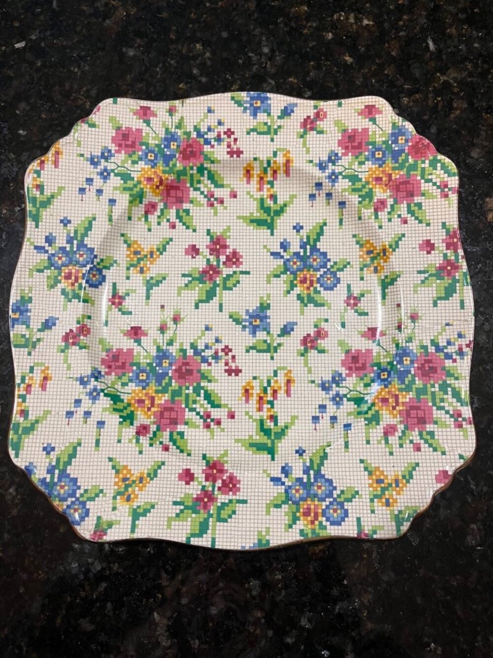 Square Queen Anne Royal Winton Floral Needlepoint Design Plate A972